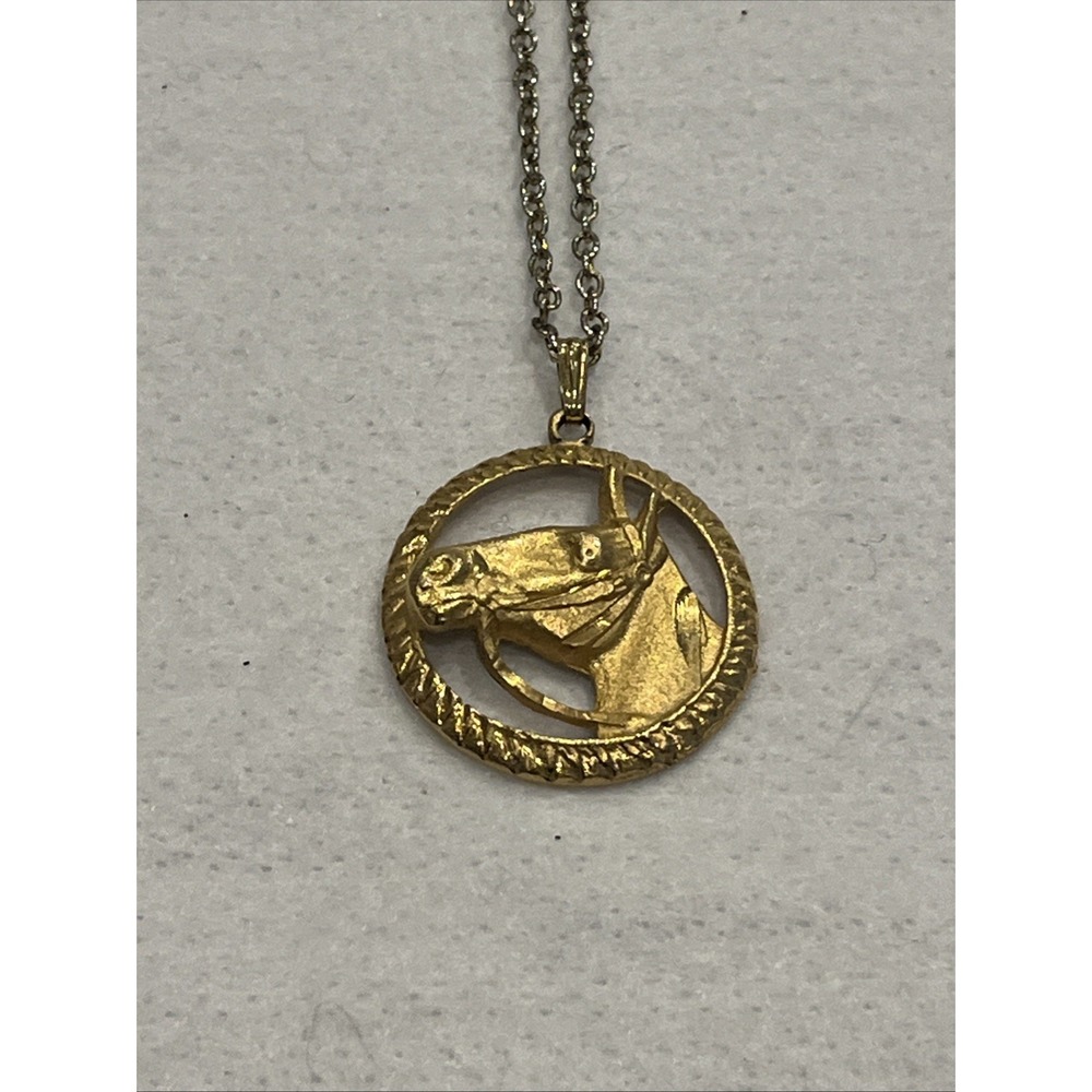 Vintage Gold-Tone Brass Equestrian Horse Head Circle Pendant With 23.75" Chain